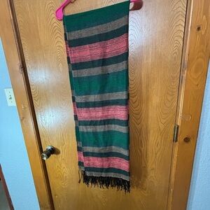 Striped Green, gray, pink and black Scarf with black Fringe